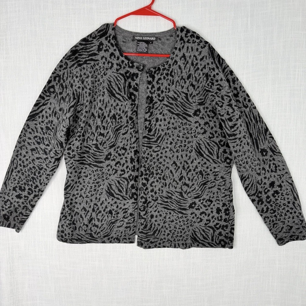 Nina Leonard Cardigan Womens 1X Gray Black Leopard Print Lambswool Angora Blend